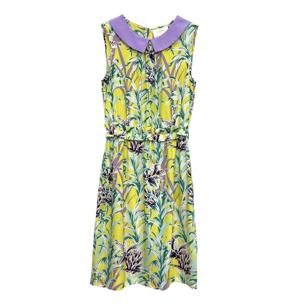 Kate Spade NEAL Yellow & Purple Silk Floral Ruffle Waist Dress Women's Size 2